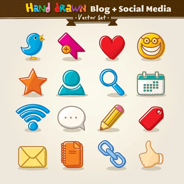 Vector Hand Draw Blog y conjunto de iconos de redes sociales — Vector de stock