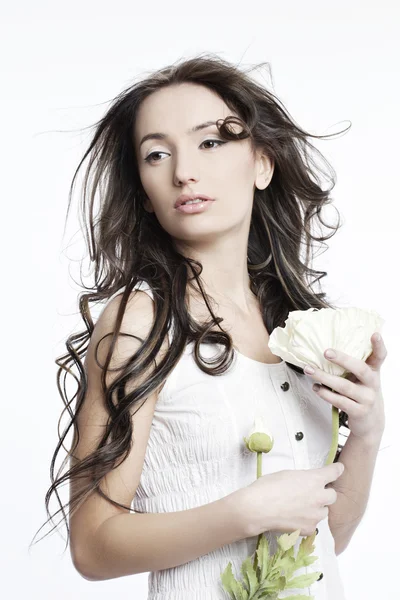 一个美丽的女孩有一朵花白色的肖像 — 图库照片