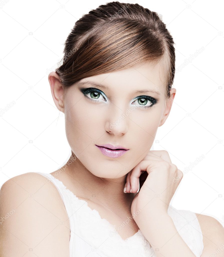 Beautiful girl with perfect skin with bright trendy makeup