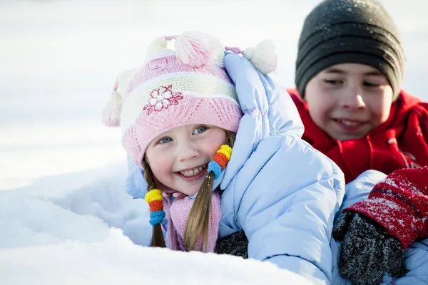 stock image Portrait of children playing in the snow in the winter