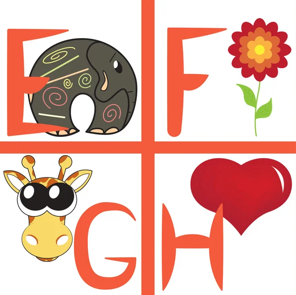 Alphabet pour enfants, lettres e-h, illustration vectorielle — Image vectorielle