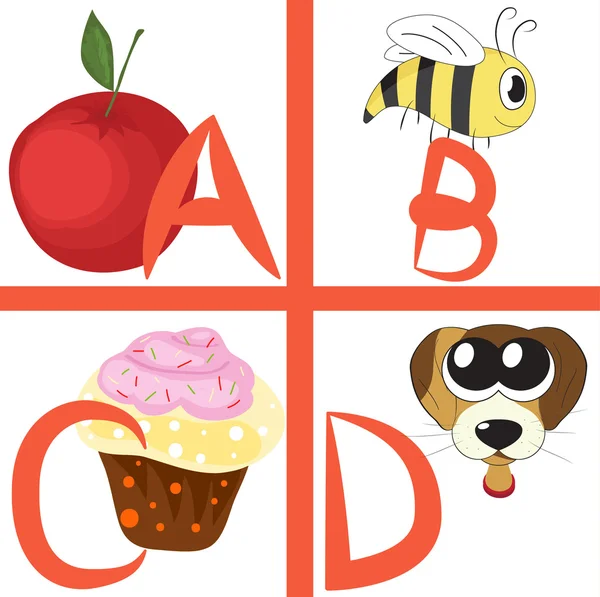 Алфавит для детей, буквы a-d, векторная иллюстрация — стоковый вектор