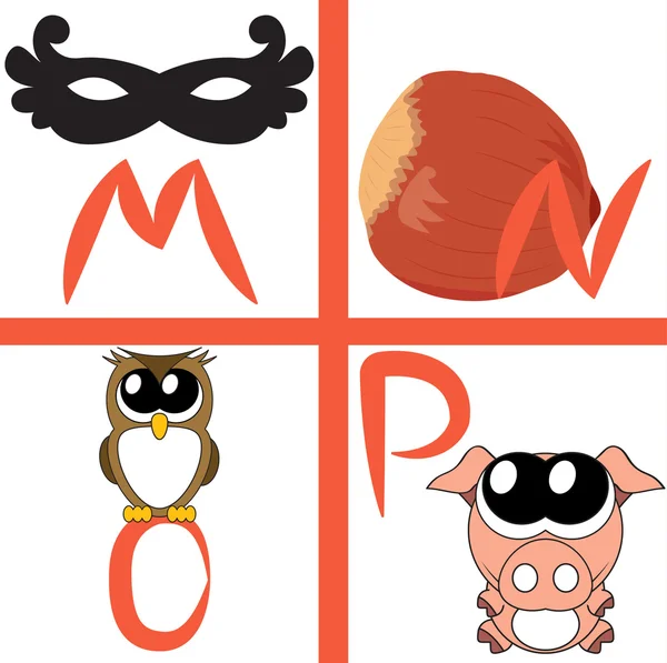 Alfabeto para niños, letras m-p, ilustración vectorial — Vector de stock
