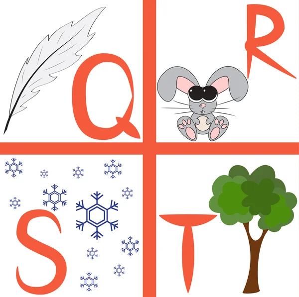 Alphabet for kids, letters q-t, vector illustration — Stock Vector