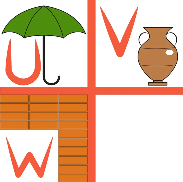 Alfabeto para crianças, letras u-w, ilustração vetorial — Vetor de Stock