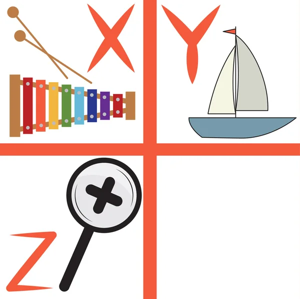 Alfabeto para niños, letras x-z, ilustración vectorial — Archivo Imágenes Vectoriales