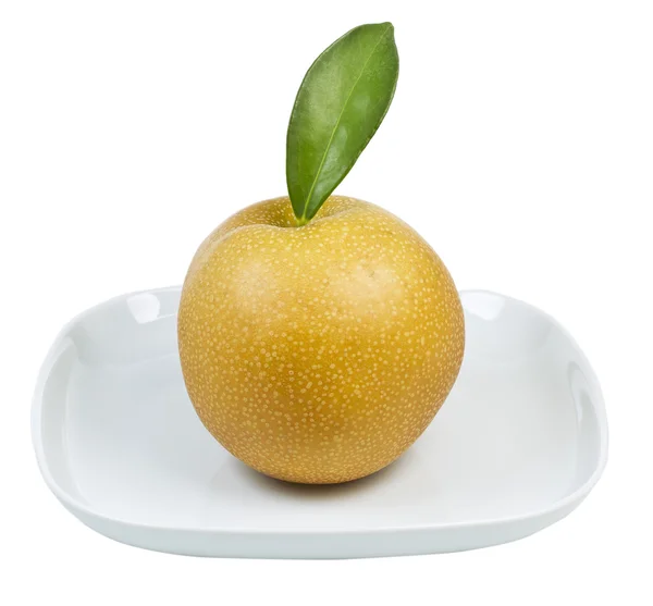 Tek büyük elma armut beyaz plaka — Stok fotoğraf