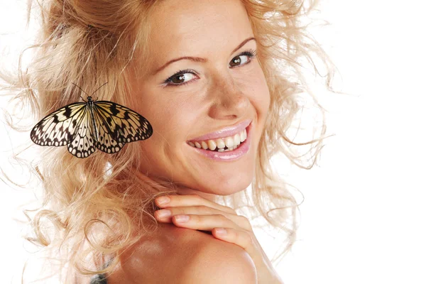 Žena a motýl — Stock fotografie