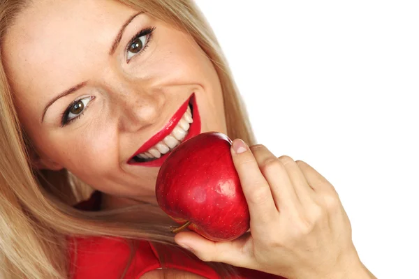 Žena a červené jablko — Stock fotografie
