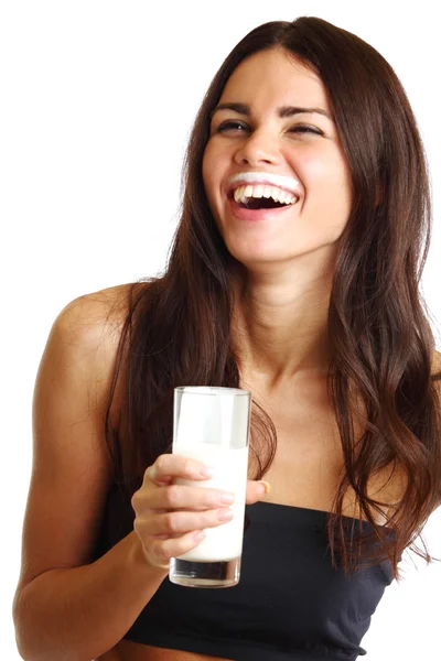Mulher bebe iogurte — Fotografia de Stock
