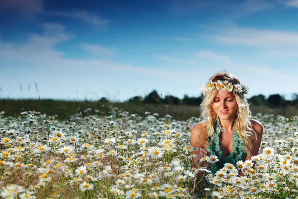 Дівчина на ромашковому полі квітів — стокове фото