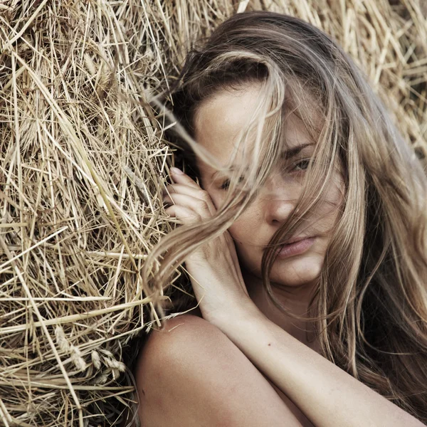干し草の山の横にある少女の肖像画 — ストック写真