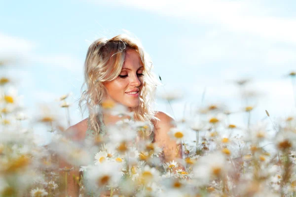 Chica en el campo de flores de margarita —  Fotos de Stock