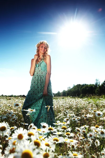 Papatya çiçekleri alanında elbiseli kız — Stok fotoğraf