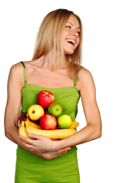 여자는 과일의 더미를 보유 하 — 스톡 사진