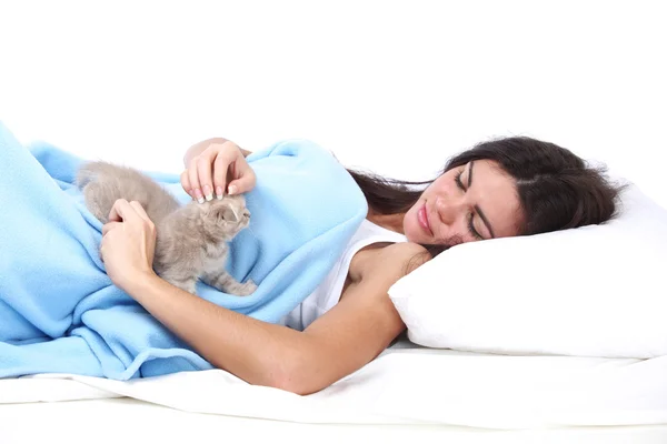 Kobieta budzi i kot — Zdjęcie stockowe