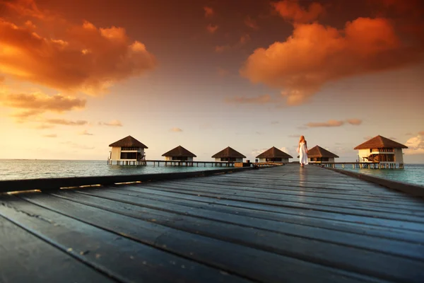 Woman in a dress on maldivian sunset Stock Picture