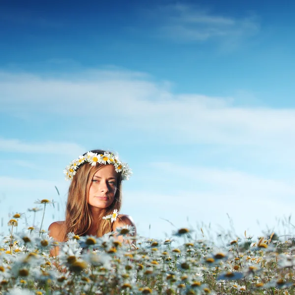 Chica en el campo de flores de margarita — Foto de Stock