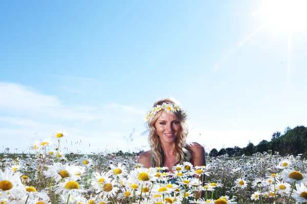 Girl in dress on the daisy flowers field — Stock Photo, Image