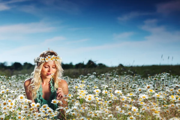 Dziewczyna na polu kwiaty stokrotka — Zdjęcie stockowe