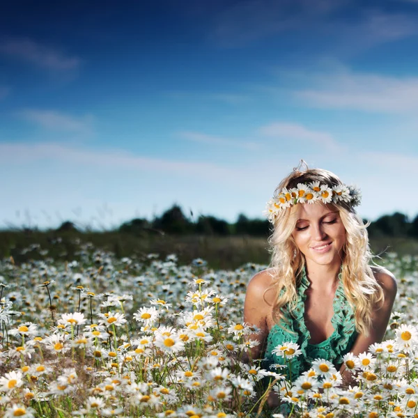 Menina no campo de flores da margarida — Fotografia de Stock