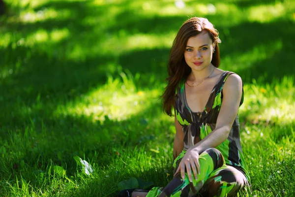 Morena sentado en verde hierba —  Fotos de Stock