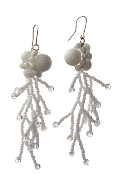 Handmade white snow earrings — Stock Photo, Image