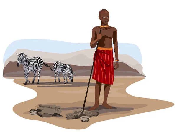 Afrikai férfi és zebrák a szavanna — Stock Vector