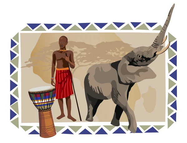 アフリカの人間および象 — ストックベクタ
