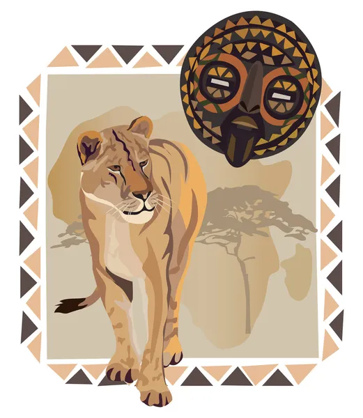 Λιοντάρι και αφρικανική μάσκα — Διανυσματικό Αρχείο