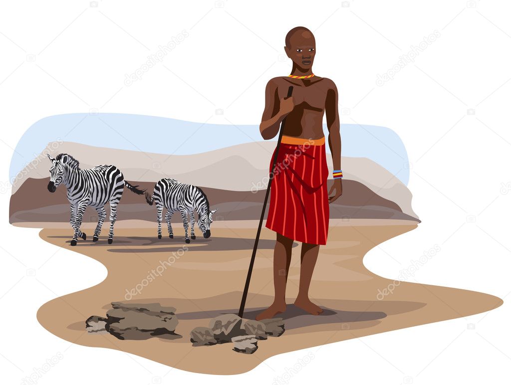 African Man and Zebras on Savannah