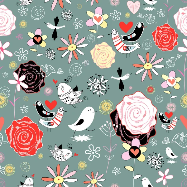 Patrón floral con pájaros — Archivo Imágenes Vectoriales