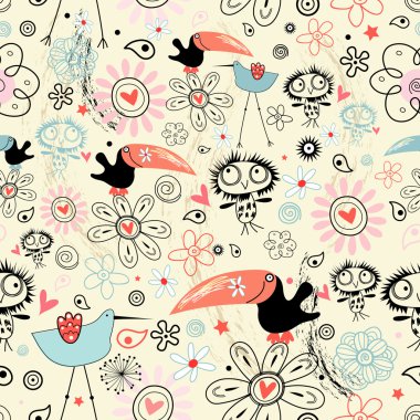 Pattern of the funniest birds clipart