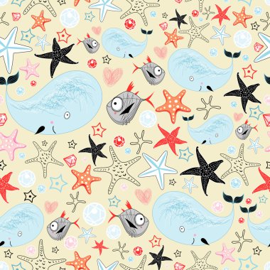 Pattern of whales and fish lovers clipart