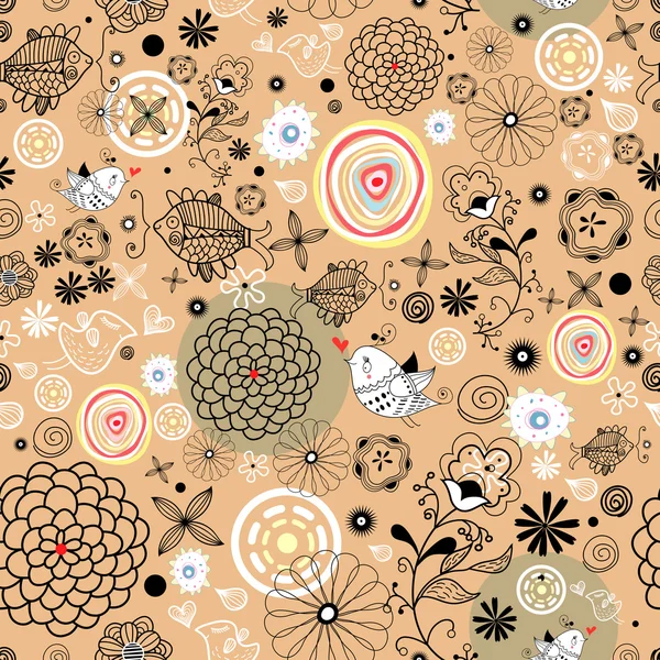 Modèle floral avec des oiseaux et des poissons — Image vectorielle