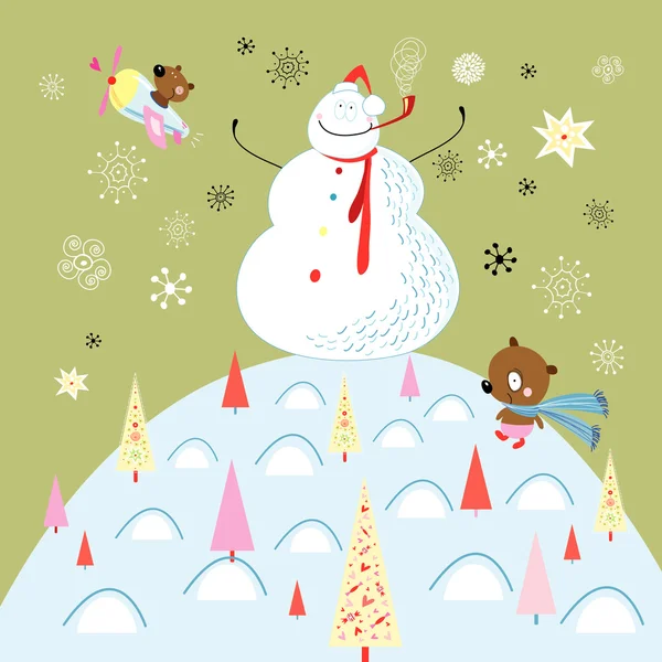 Jolly muñeco de nieve y oso de peluche — Vector de stock