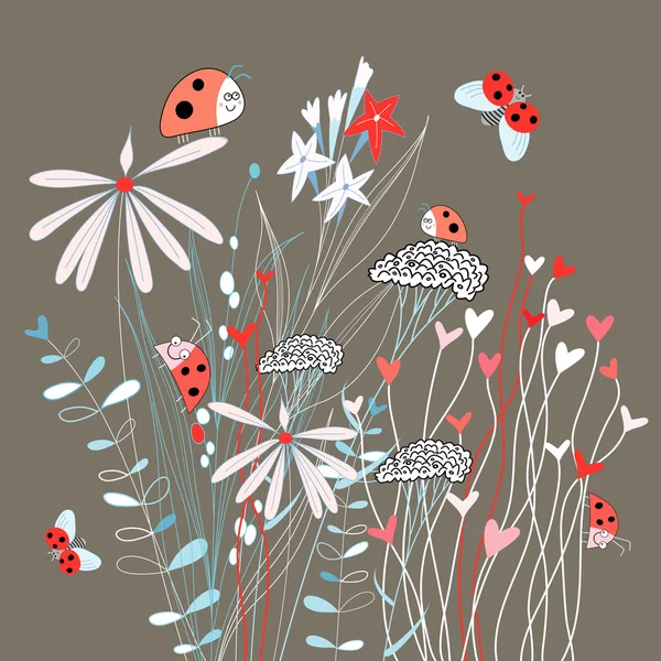 Çiçekler ve ladybugs — Stok Vektör