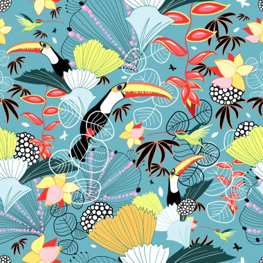 Tropical texture with toucans and hummingbirds clipart