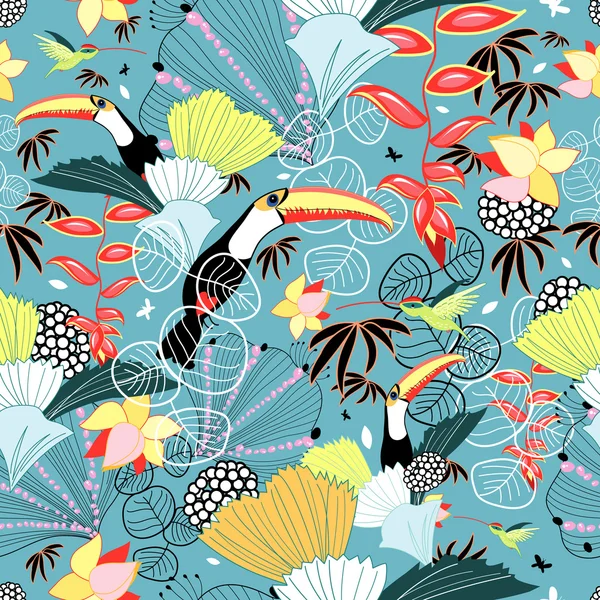 Textura tropical com tucanos e beija-flores —  Vetores de Stock