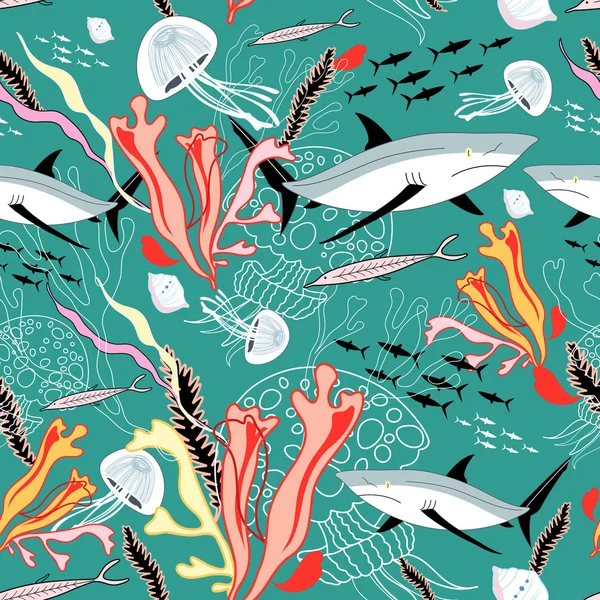 纹理的鲨鱼和水母 — 图库矢量图片