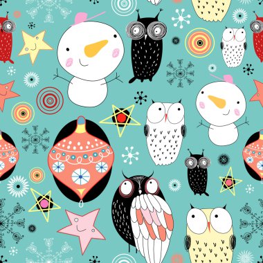 Texture with snowmen and owls clipart