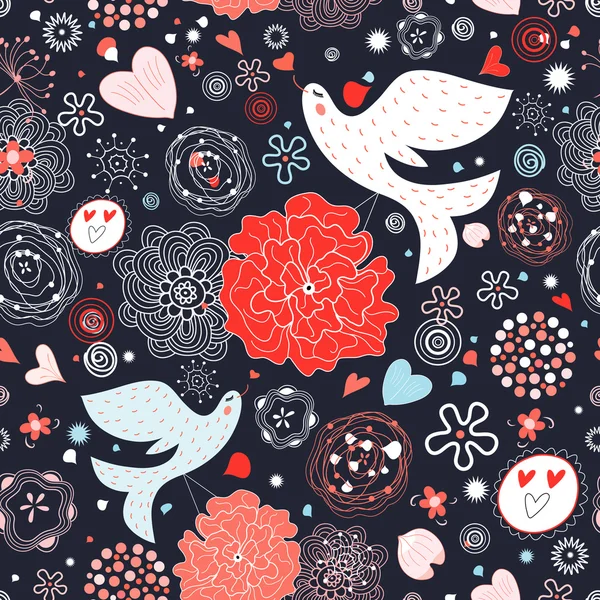 Floral pattern with birds in love — Stock Vector