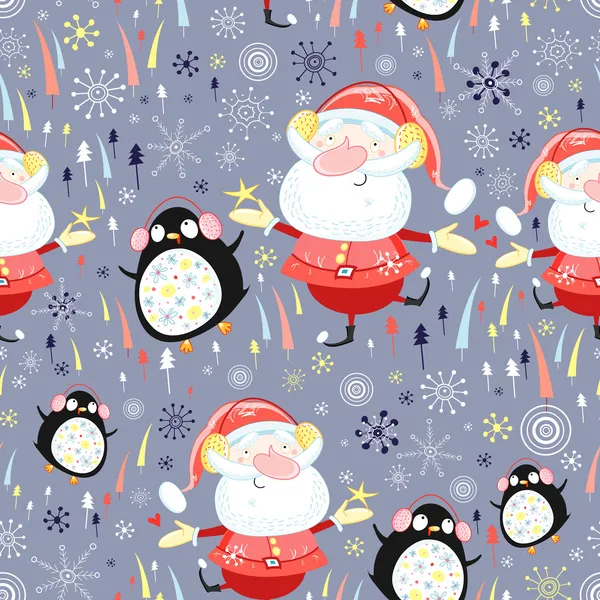 Textura de Papai Noel e pinguins —  Vetores de Stock