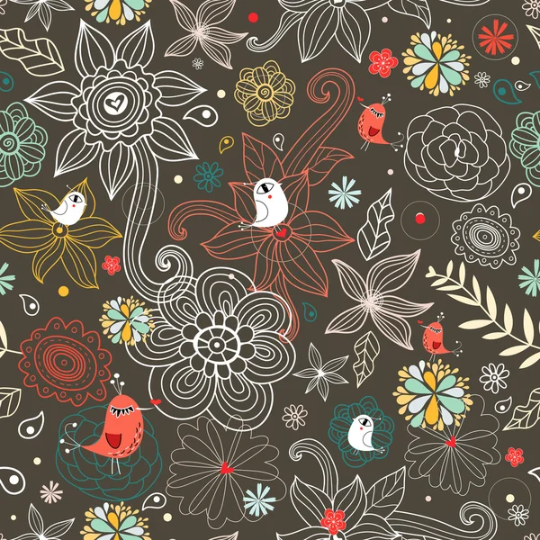 Patrón floral con pájaros — Vector de stock
