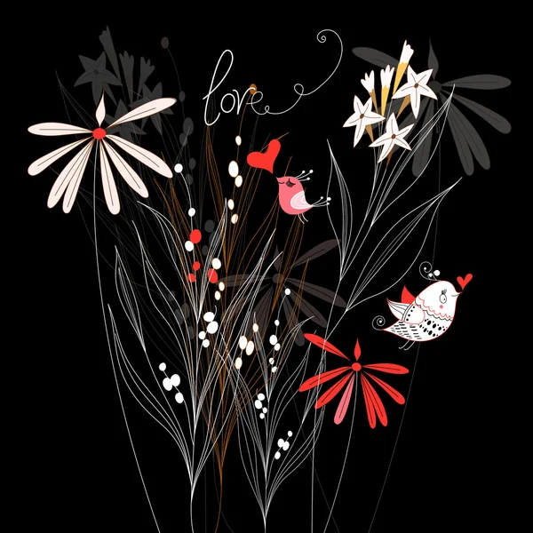 Květinový pozdrav card s ptáčky milenci — Stockový vektor