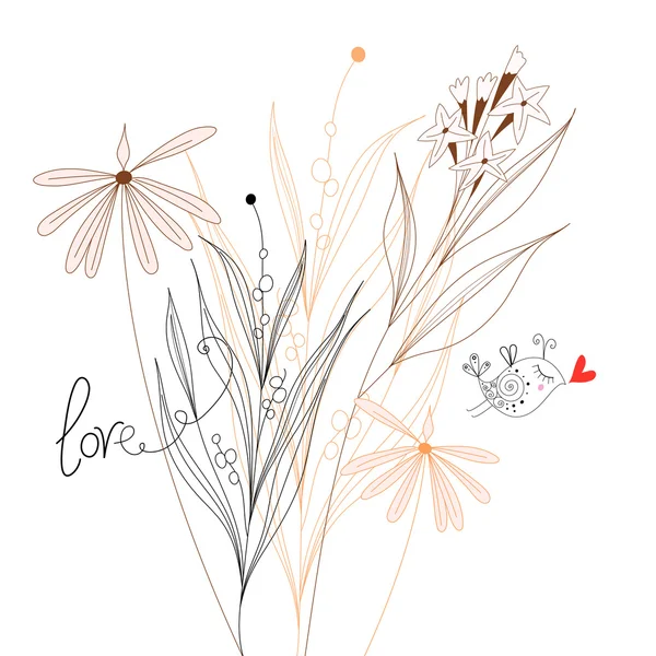 Blumen-Grußkarte mit Liebesvogel — Stockvektor
