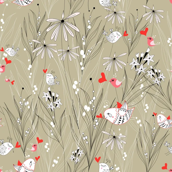 Modèle floral avec des oiseaux amoureux — Image vectorielle