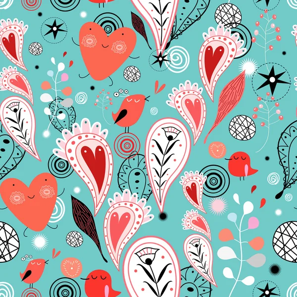 Abstract pattern of hearts and birds — Stock Vector
