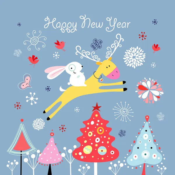 Weihnachtskarte mit Hirsch und Hase — Stockvektor