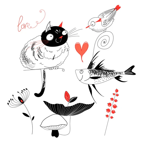 Amor al gato con los peces y aves — Stockvector